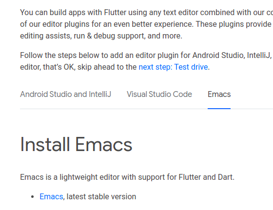 screenshot from flutter.dev on emacs
