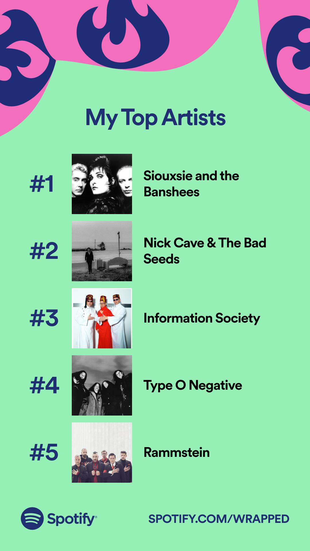 my spotify top artists: siouxsie, nick cave, infosoc, type o negative, rammstein